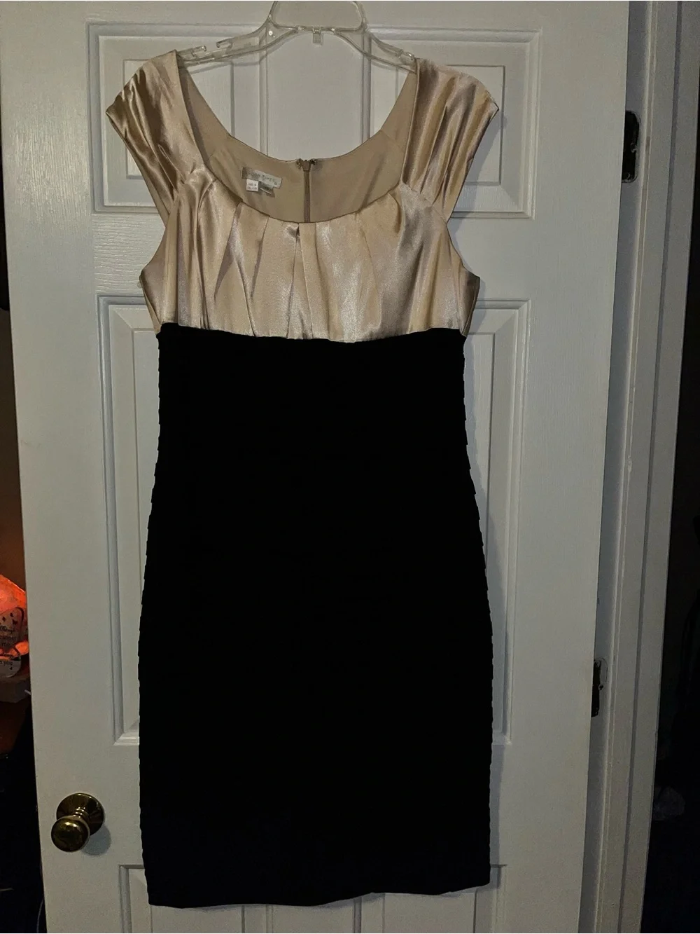 London Times Black and Champagne Cap-Sleeve Midi Sheath Dress